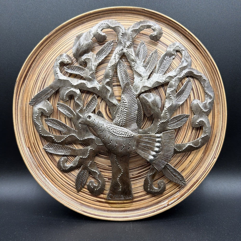 Haitian Steel Drum Metal Wall Art-Tree Of Life with Bird 10"D Cineus Louime